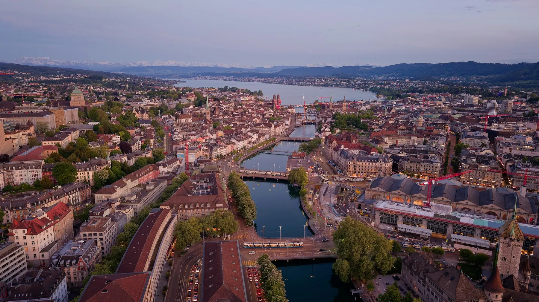 Zurich from the air at dusk