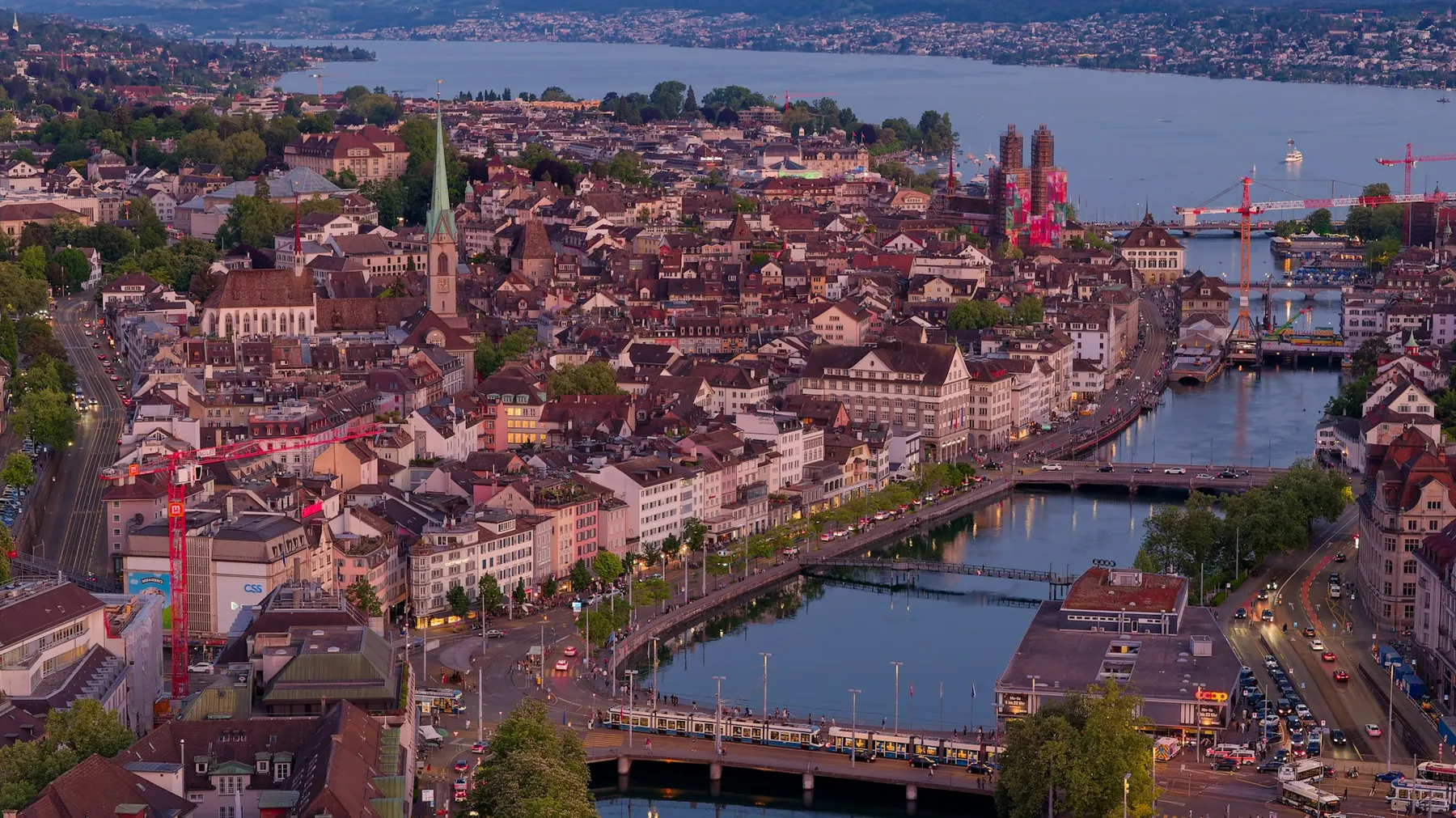 European city at dusk